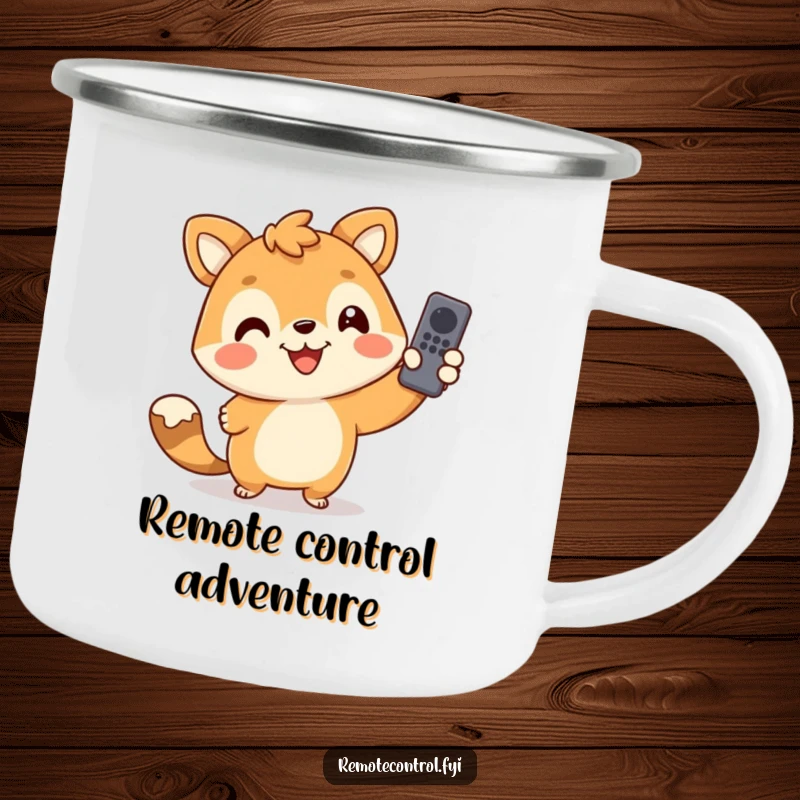 Funny camping mug showing a happy animal character using a remote control outdoors, blending nature with comedic screen time enjoyment.
