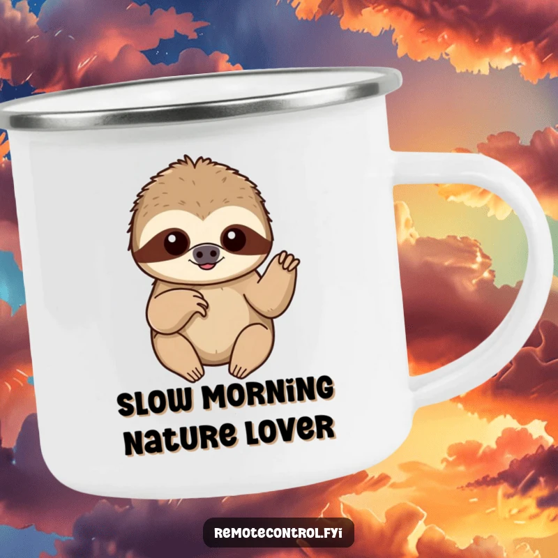 Funny content sloth slowly pushing a button with a single finger on a durable camping mug.