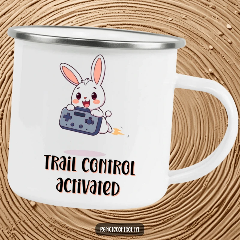 Funny bunny camping mug, a happy bunny character flies holding a giant remote, ready for outdoor adventures and laughs.