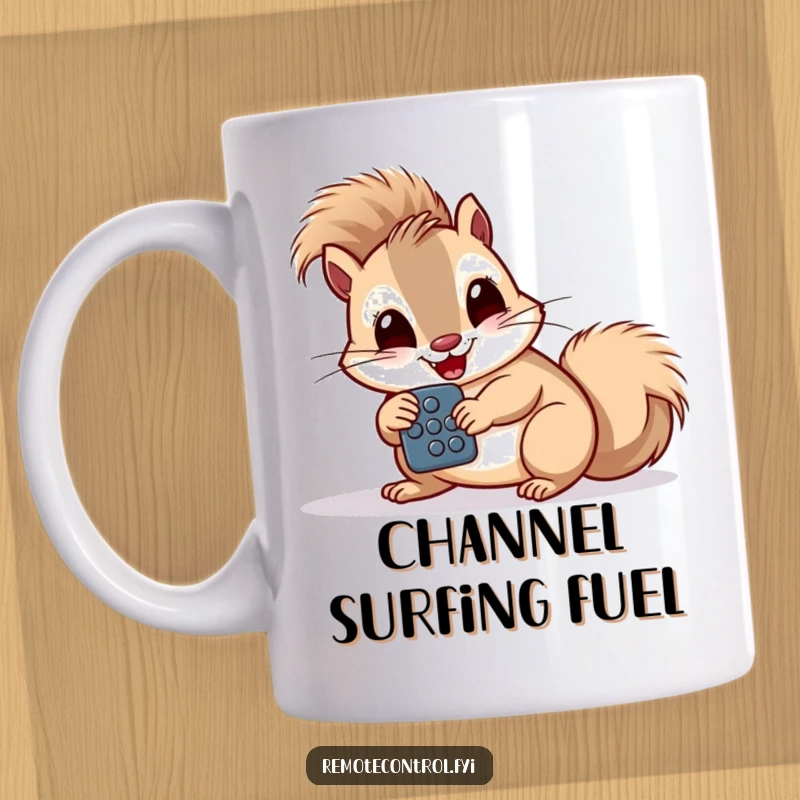 Funny giggling squirrel intently studying a remote control with large buttons on a coffee mug.