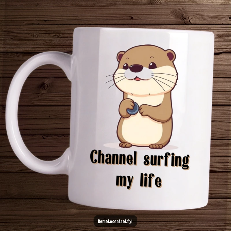 Funny curious otter pressing buttons on an invisible remote control, depicted on a humorous mug.