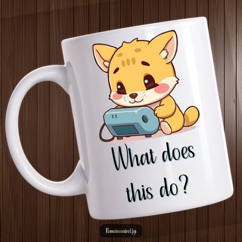 Funny mug featuring a curious animal character intently examining a remote control, with wide eyes and a look of deep fascination.