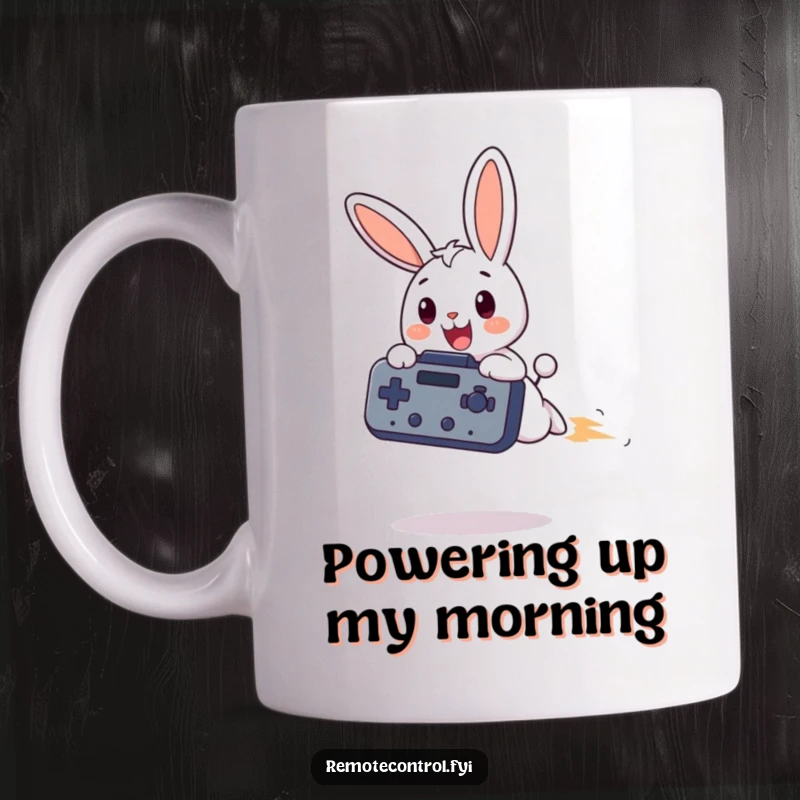 Funny bunny mug, a happy bunny zooms through the air holding a giant TV remote, ready to change the channel with a smile.