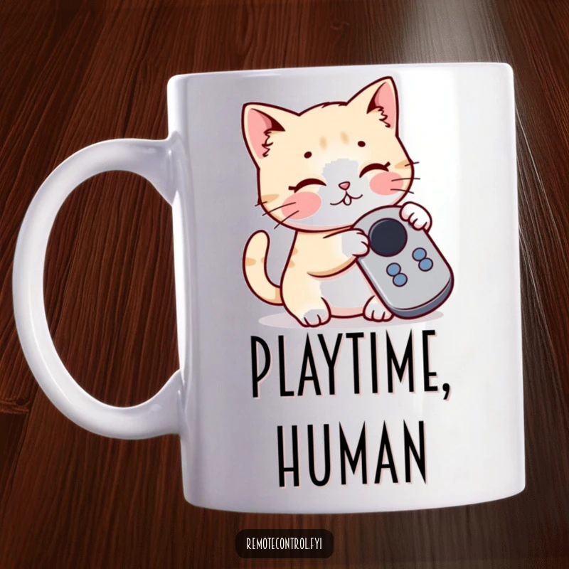 Funny Kawaii Cat Mug: A cute cat playfully batting at a button on a television remote control, causing mischief.