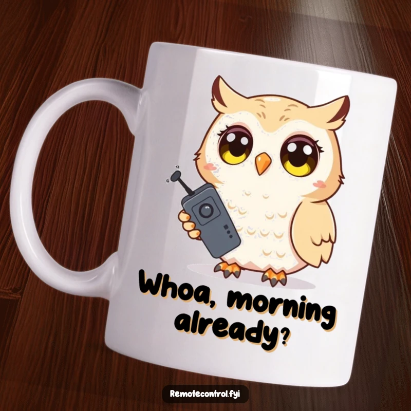 Funny Owl Mug: Shy owl clutching a TV remote with wide, surprised eyes, caught in a moment of unexpected discovery.