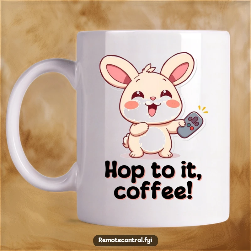Funny Giggling Rabbit Mug featuring a rabbit with wide eyes, enthusiastically pointing a remote, ready for entertainment.