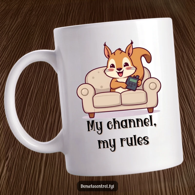 Funny mug shows a sly squirrel peeking from behind a sofa, clutching a TV remote with a mischievous grin.