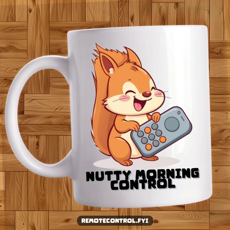 Funny squirrel mug, a delighted squirrel enthusiastically trying to operate a giant, oversized remote control, perfect gift.