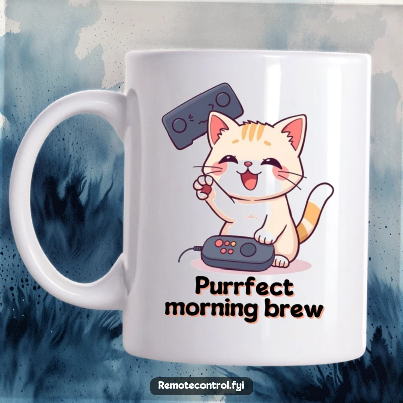 Funny Cat Remote Mug showing a playful cat batting at a remote control with its paw, capturing relatable chaos.
