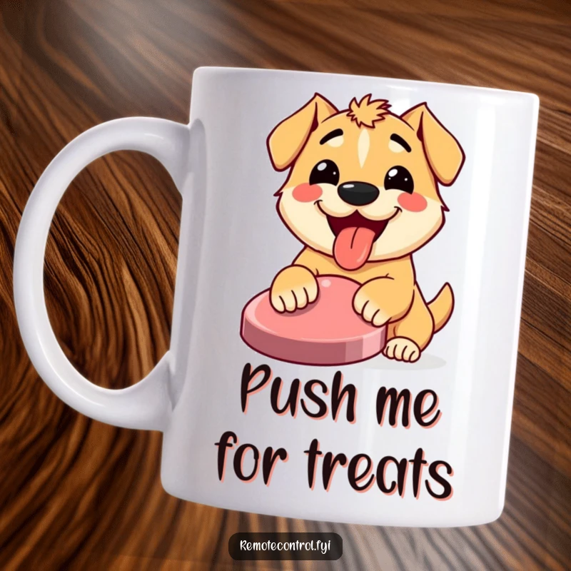 Funny mug featuring a happy, tongue-out dog, enthusiastically pressing a large, inviting button with pure, unadulterated excitement.
