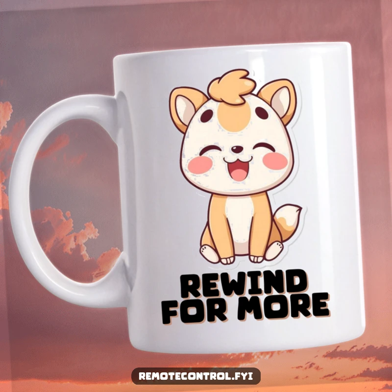 Funny mug featuring a joyful animal character pleasedly rewinding a moment, with a happy expression and a hint of nostalgia.