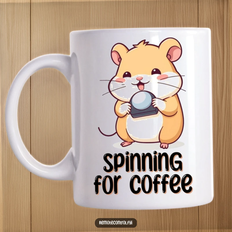 Funny Hamster Mug: Playful hamster skillfully spinning a TV remote control on the tip of its nose with a focused expression.