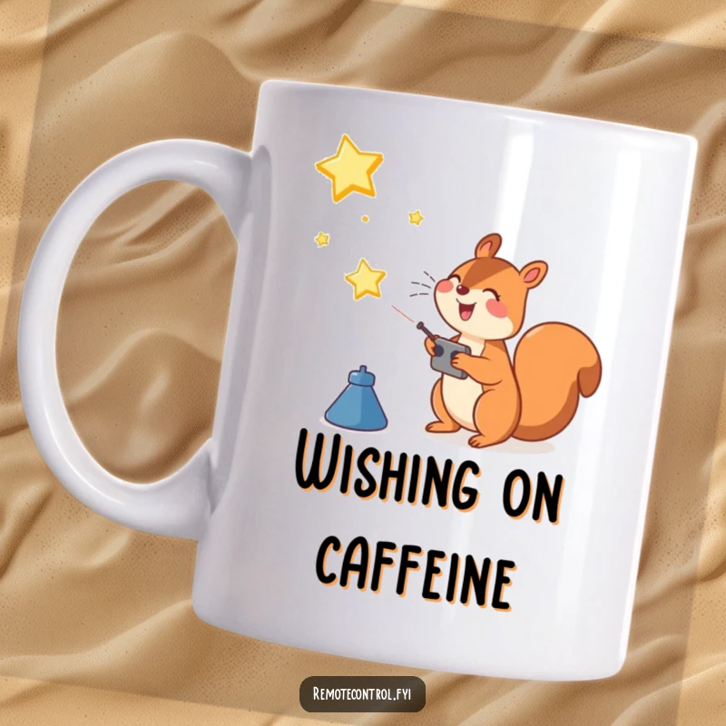 Funny Squirrel Mug: Joyful squirrel operating a remote control to launch a shining star into the night sky.