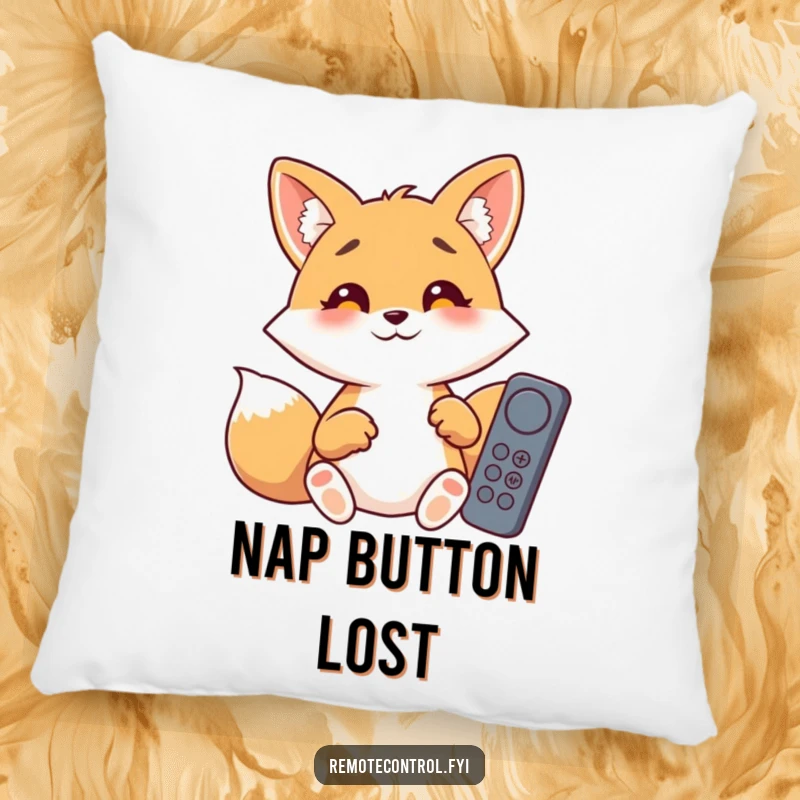 Funny giggling fox with wide eyes, fumbling with a pile of remote controls, designed for a soft and humorous pillow.