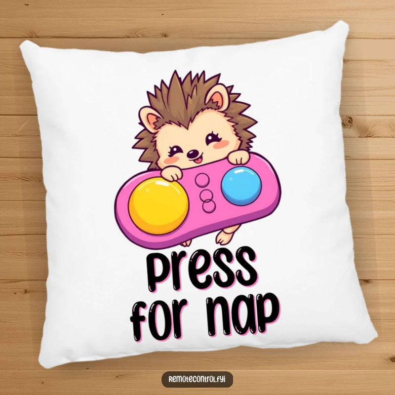 Funny hedgehog character pressing a button on a remote control, designed for a soft and comfortable decorative pillow.