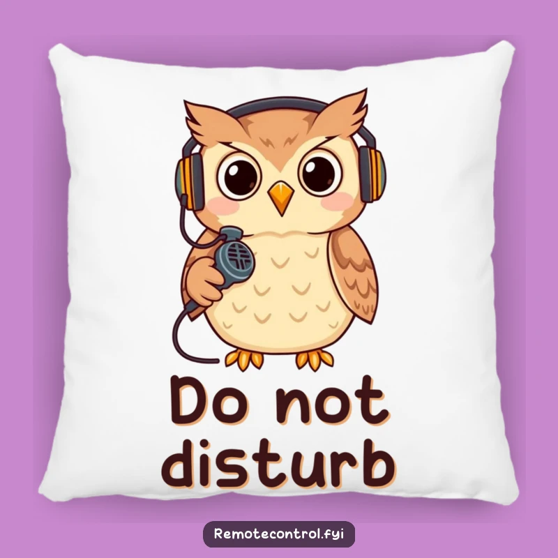 Funny Owl Gamer Pillow: Cool headset owl with remote microphone, a perfect gift for comfy gaming.