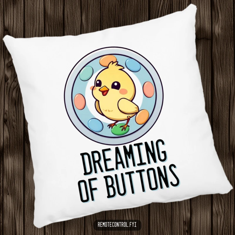 Funny bird character intently pecking a large, vivid remote button on a pillow, depicting a cute and comical obsession with channel surfing.