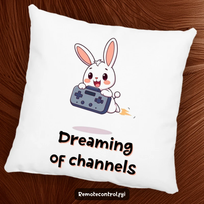 Funny bunny pillow, a cheerful bunny character is in flight, holding a massive remote, adding a touch of humor to decor.