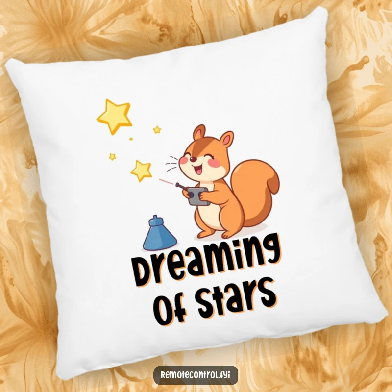 Funny Squirrel Pillow: Joyful squirrel character using a remote control to launch a bright star into the sky, adding a soft, inspirational touch.