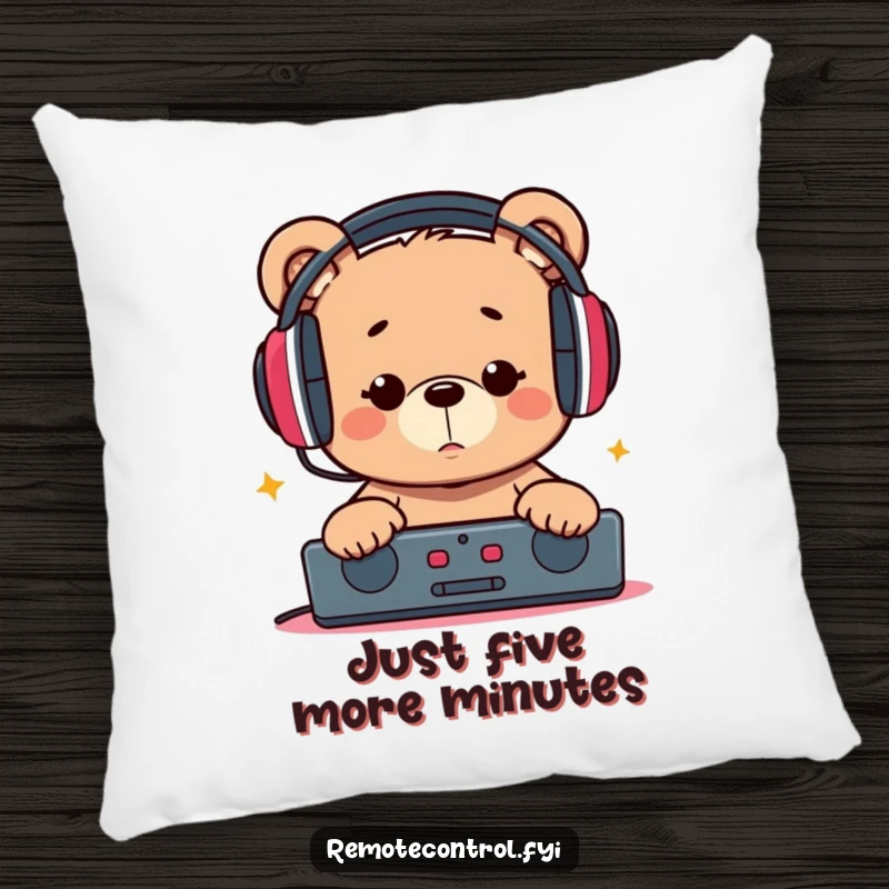 Funny pillow featuring a bear wearing headphones, engrossed in a remote control, offering a whimsical touch of humor and comfort.
