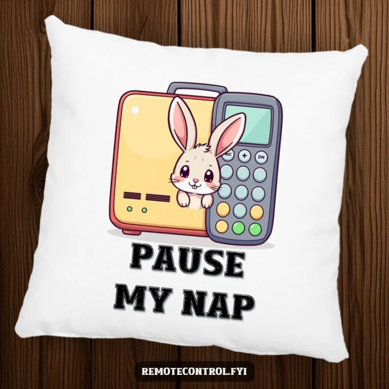Funny pillow with a curious bunny peeking from behind a large TV remote, offering comfort and humorous decor.