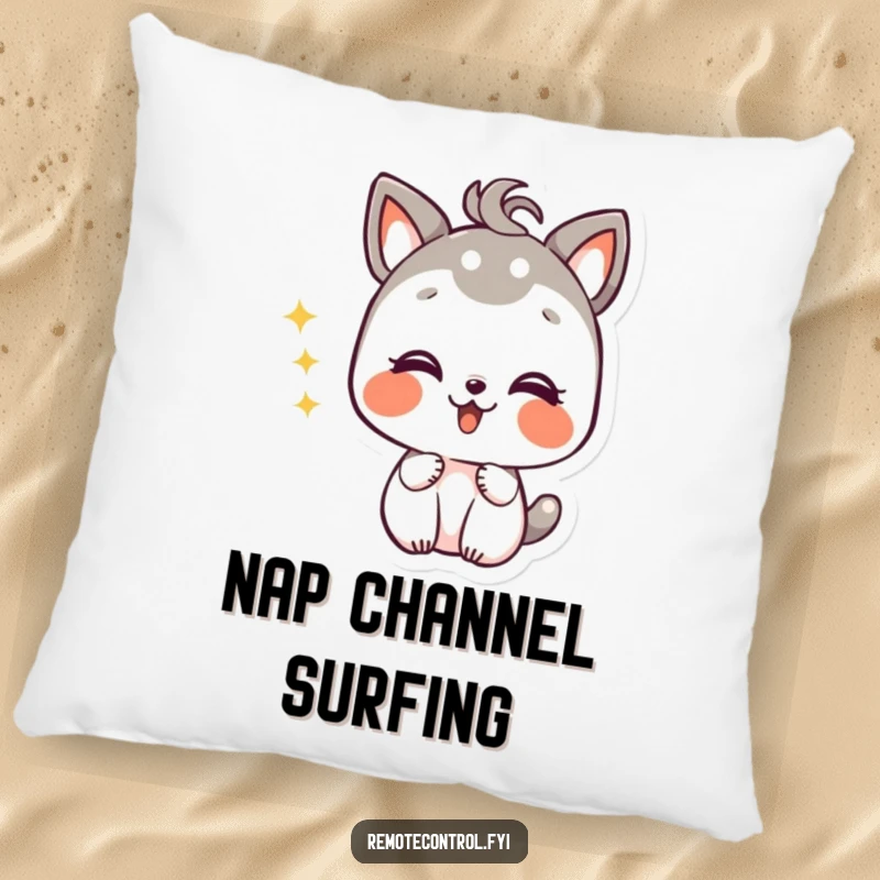 Funny pillow featuring a giggling animal character with a mischievous grin, changing TV channels and spreading comedic cheer.