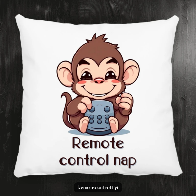 Funny monkey pillow featuring a mischievous monkey with a wide grin, pretending to be a television remote control.