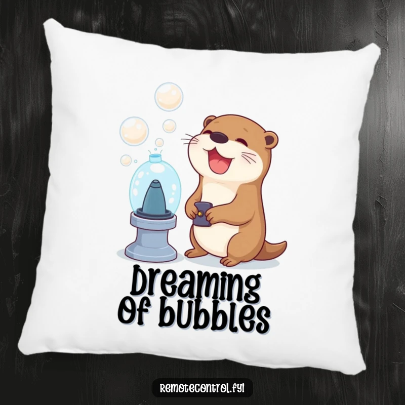 Funny otter character using a remote to activate a bubble machine on a pillow, depicting a cute and comical scene of bubbly happiness.