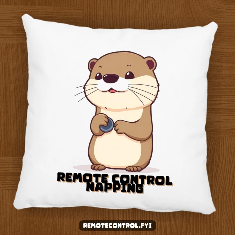 Funny curious otter using an invisible remote, printed on a soft and decorative pillow.