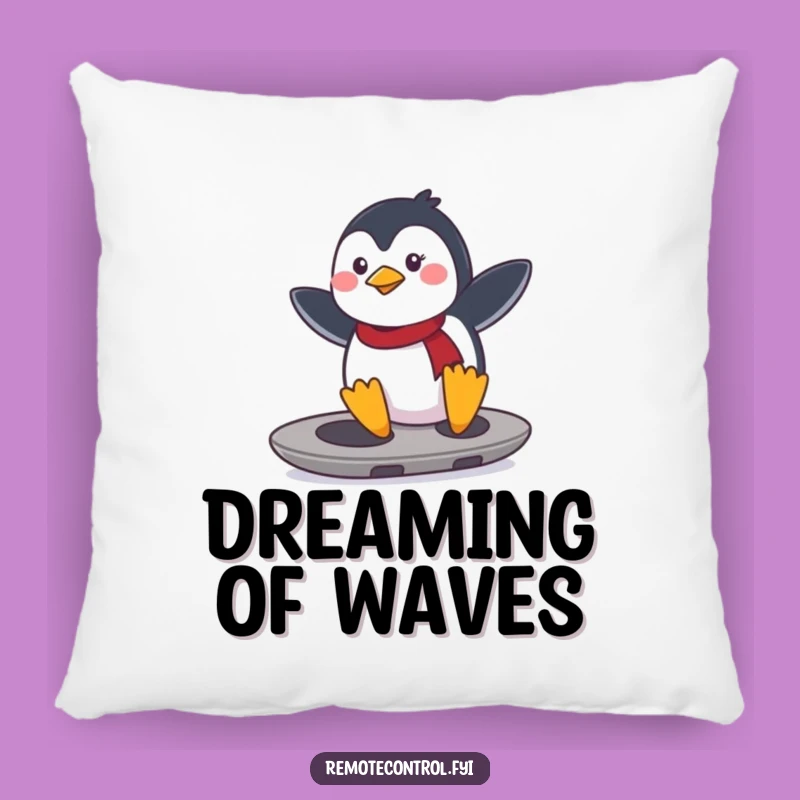 Funny Penguin Remote Surfer Pillow: Determined penguin shredding on a remote, a perfect funny gift.