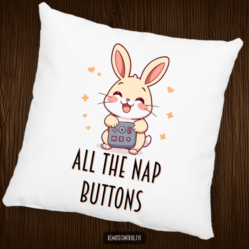 Funny rabbit pillow, a cheerful rabbit pressing multiple buttons on a remote with great energy, adding comfort and fun.
