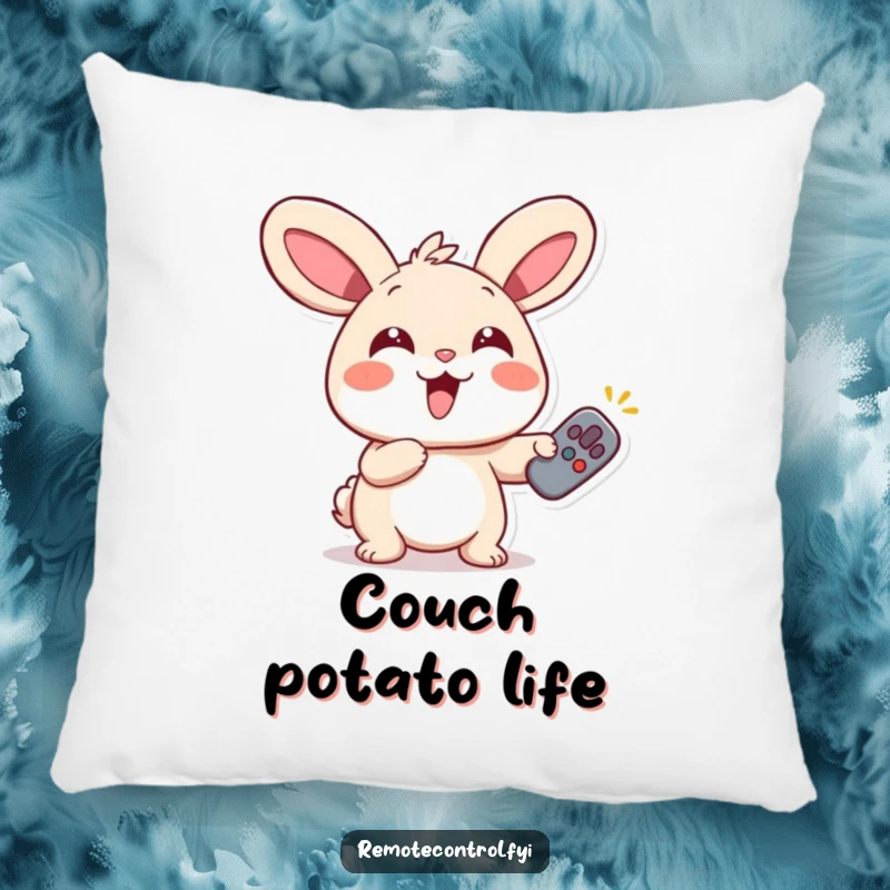 Funny Rabbit Remote Pillow featuring a giggling rabbit with wide eyes, pointing a remote, offering plush comfort and cheer.