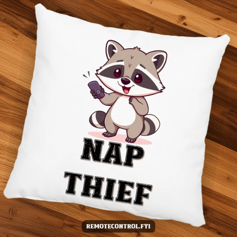 Funny raccoon character sneaking away with a TV remote on a pillow, depicting a cute and comical scene of nocturnal thievery.