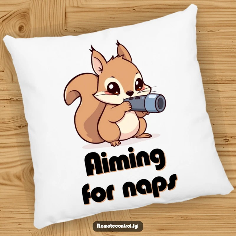 Funny kawaii squirrel with mischievous eyes aiming a remote control on a pillow.