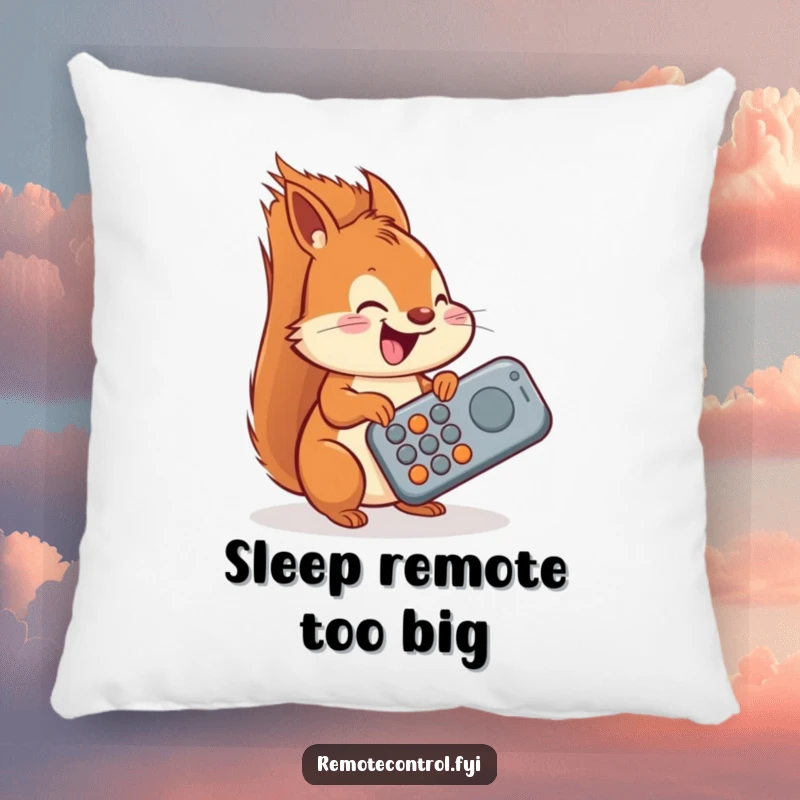 Funny squirrel pillow, a delighted squirrel attempting to operate a giant oversized remote, perfect for cozy, humorous relaxation.