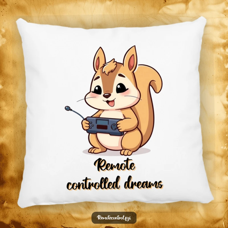 Funny pillow featuring a happy squirrel character holding a remote control in both paws, looking focused and ready to watch.