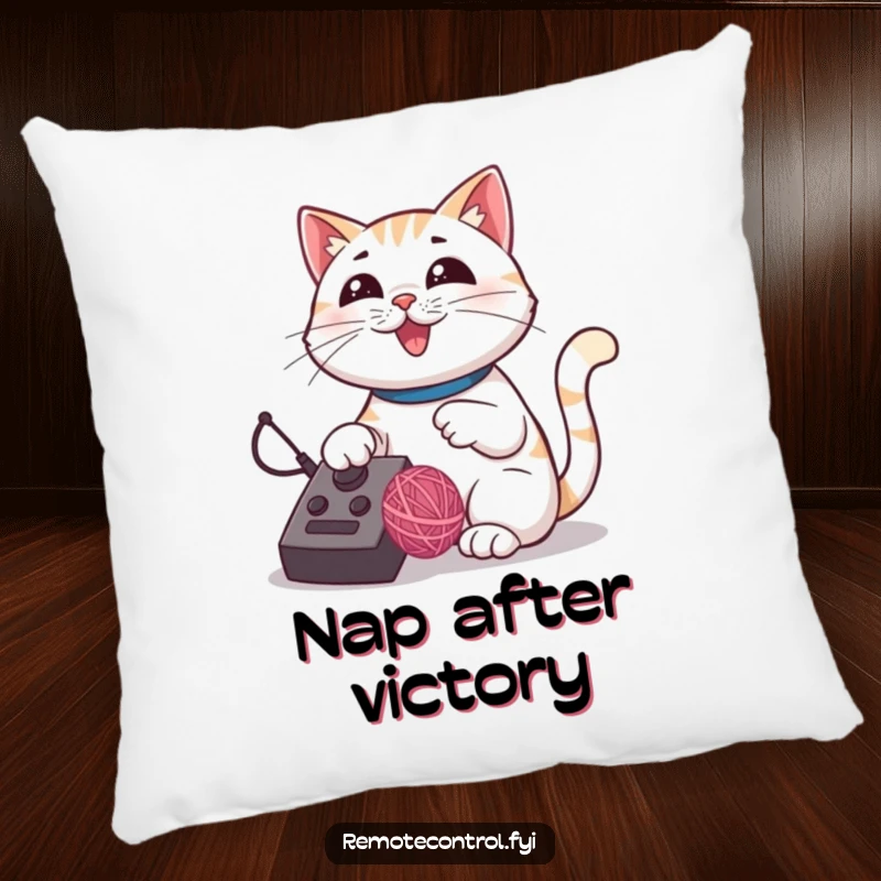 Funny cat pillow featuring a proud cat using a remote control to move a bouncing yarn ball.