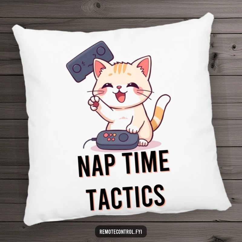 Funny Cat Remote Pillow featuring a playful cat batting at a remote control with its paw, offering plush comfort and humor.