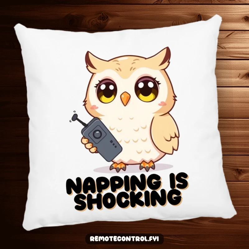 Funny Owl Pillow: Shy owl with wide, surprised eyes clutching a TV remote, adding a soft and humorous touch to any cushion.