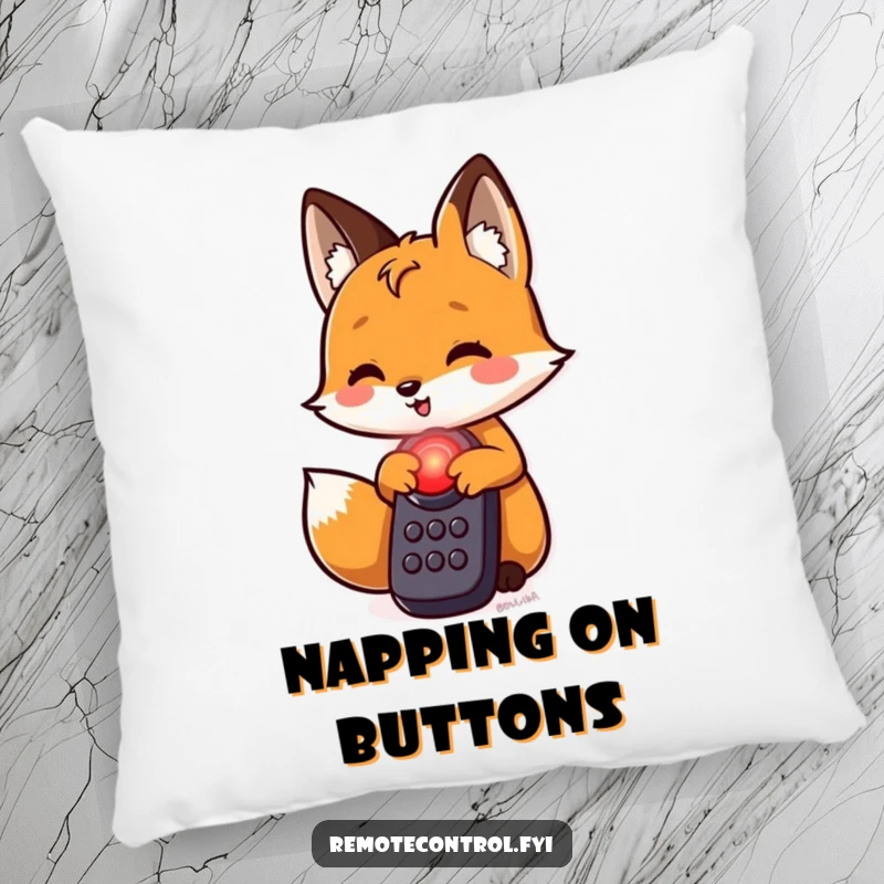 Funny fox pillow, a mischievous fox character about to press a luminous red button on a remote, adding humor to decor.