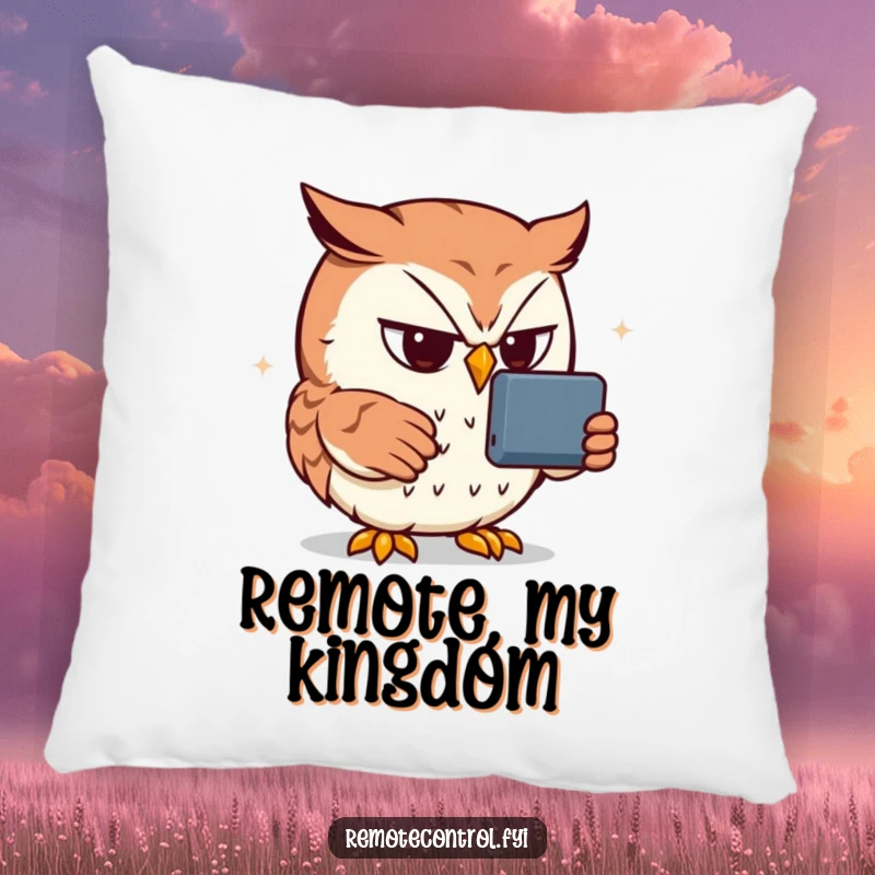 Funny owl pillow featuring a determined owl focused on a remote control, a humorous and comfortable home accessory.