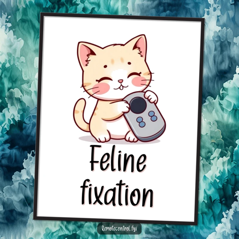 Funny Kawaii Cat Digital Art Print of a playful cat batting at a button on a remote control, for instant download.