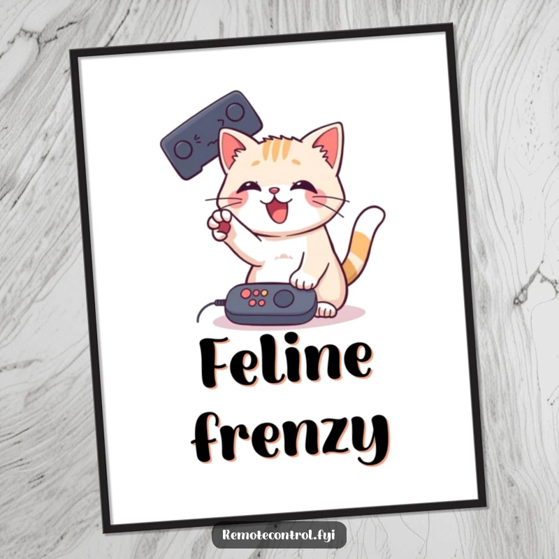Funny Cat Remote Digital Art Print of a playful cat batting at a remote control with its paw, ready for download.