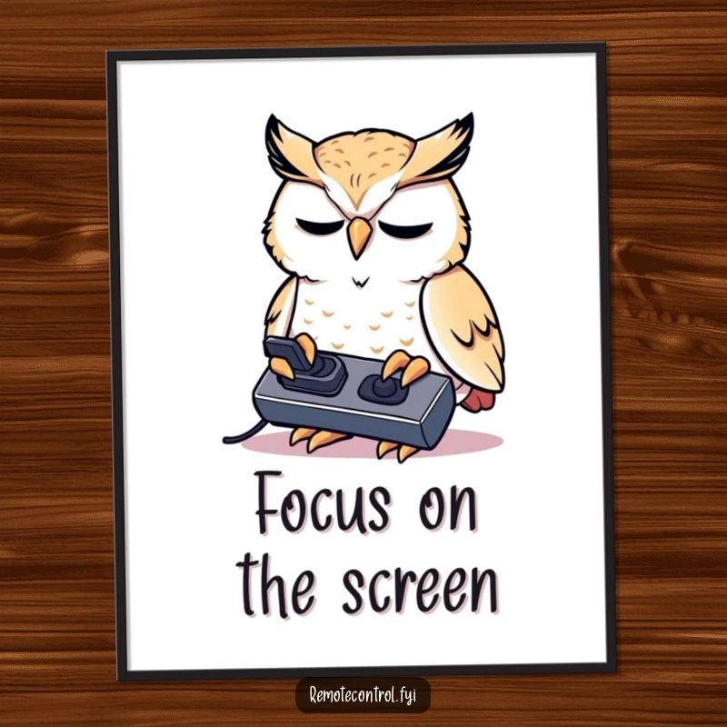 Funny kawaii owl concentrating intensely on a remote control in digital art.