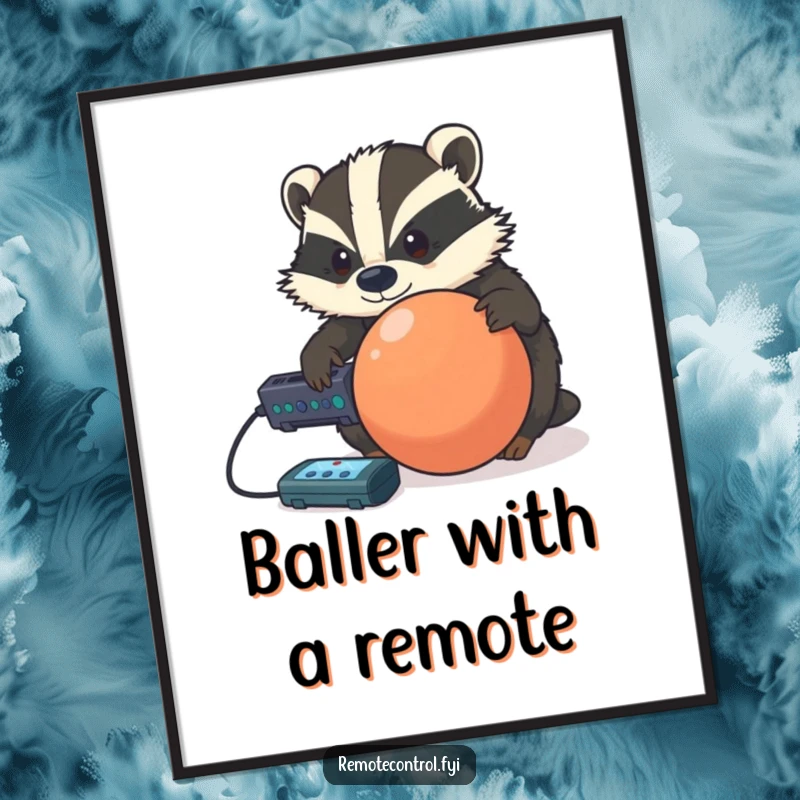 Funny determined badger controlling a rolling ball with a remote, available as a downloadable humorous digital art print.