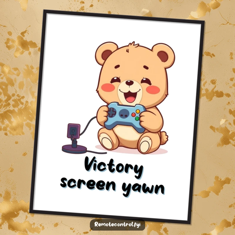 Funny digital art print of a delighted bear cub playing video games with a remote, capturing a moment of pure gaming joy.