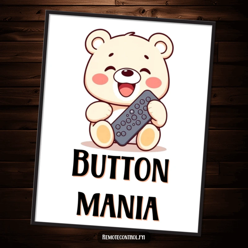 Funny Kawaii Bear Digital Art Print of a bear grinning widely while holding a remote control with many buttons, for instant download.