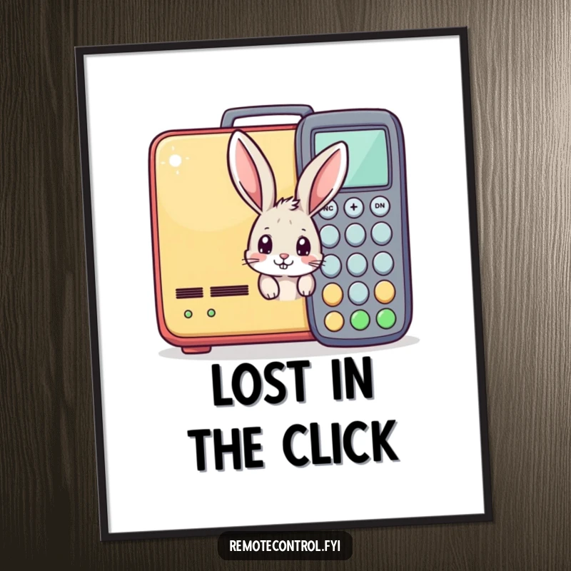 Funny digital art print of a curious bunny peeking from behind a giant remote control, adding instant humor to any display.