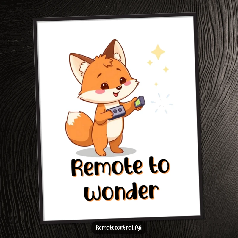 Funny digital art print of a cheerful fox aiming a remote control at a distant, mystical object, capturing a moment of wonder.