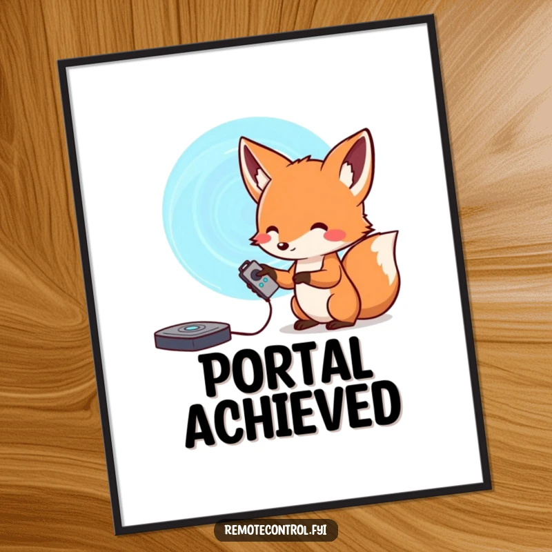 Funny fox digital art print, a curious fox with a remote pointing at a swirling portal, perfect for mystical wall art.